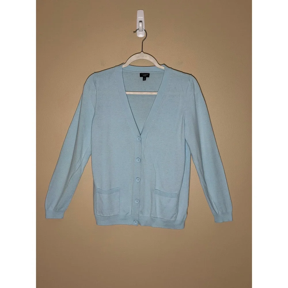 Talbots Light Blue V-Neck Cardigan Sweater Medium Petite Button Front Pockets